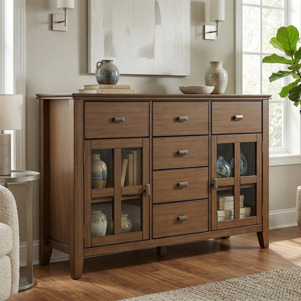 English Elm Artisan Pine Sideboard with Six Drawers and Glass Doors for Dining Room Storage B136P515442