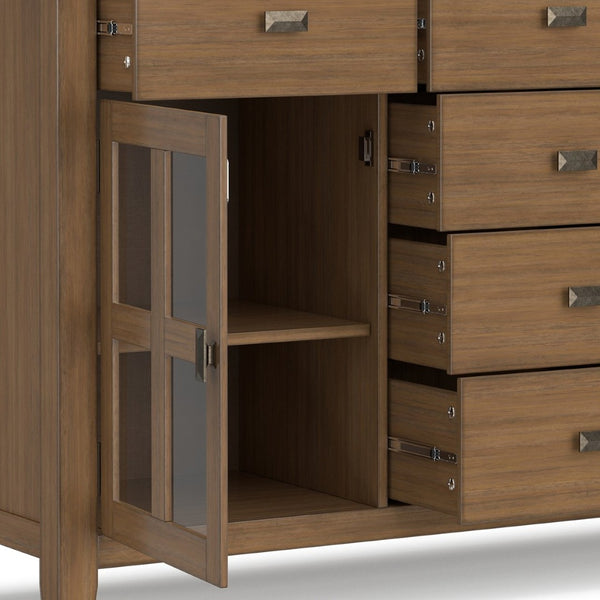 English Elm Artisan Pine Sideboard with Six Drawers and Glass Doors for Dining Room Storage B136P515442