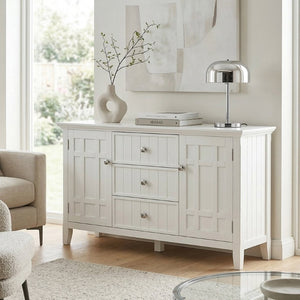 English Elm Bedford Solid Wood Buffet with White Stain Finish and Brushed Nickel Hardware for Dining B136P515443