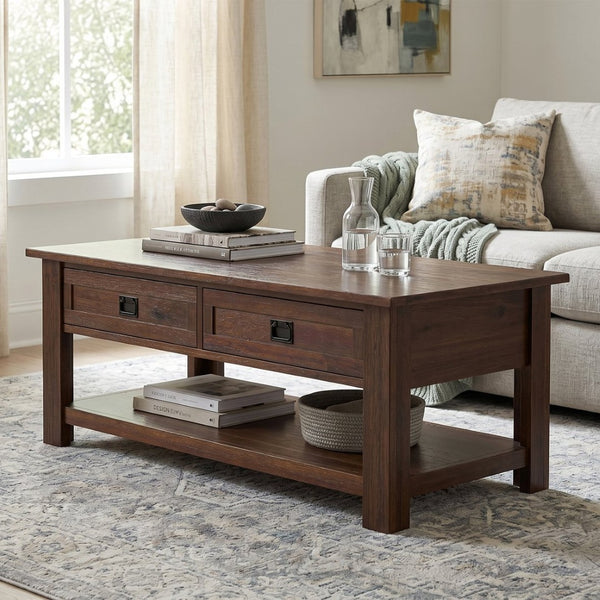 English Elm Monroe Solid Acacia Wood Coffee Table with Storage Drawers for Farmhouse Living Rooms B136P515444