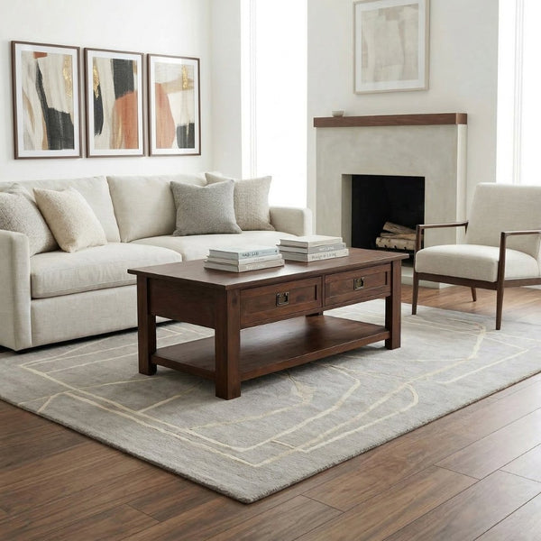 English Elm Monroe Solid Acacia Wood Coffee Table with Storage Drawers for Farmhouse Living Rooms B136P515444