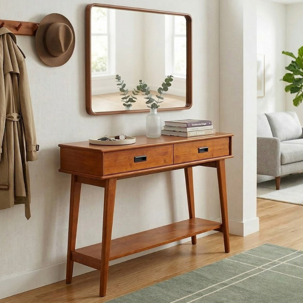 English Elm Draper Solid Wood Console Table Mid-century Entryway Piece with Drawers and Open Shelf B136P515445