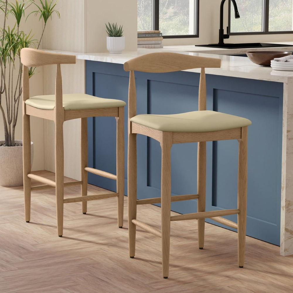 English Elm Molly Mid-Century Bar Stool with Beech Wood Legs and Faux Leather Padded Seat B136P529267