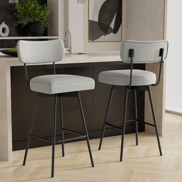 English Elm Giselle Upholstered Swivel Barstools Set of 2 with Grey Fabric and Black Metal Frame B136P529269