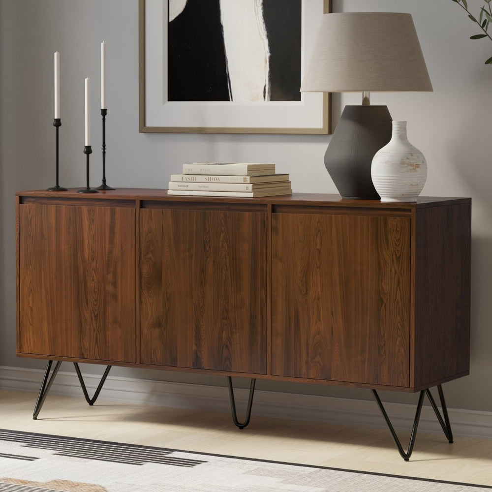 English Elm Hunter Walnut Veneer Sideboard with Hairpin Legs and Concealed Storage for Dining Rooms B136P529275