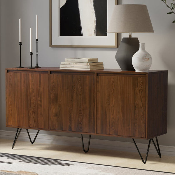 English Elm Hunter Walnut Veneer Sideboard with Hairpin Legs and Concealed Storage for Dining Rooms B136P529275