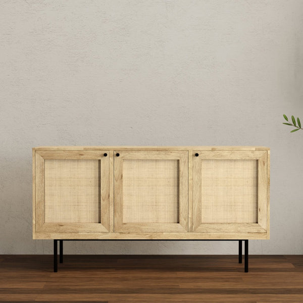 English Elm Reeves Solid Mango Wood Sideboard with Woven Raffia Doors and Iron Base B136P529276