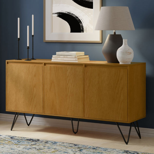 English Elm Hunter Oak Veneer Sideboard with Hairpin Legs for Modern Dining Room Storage B136P529277