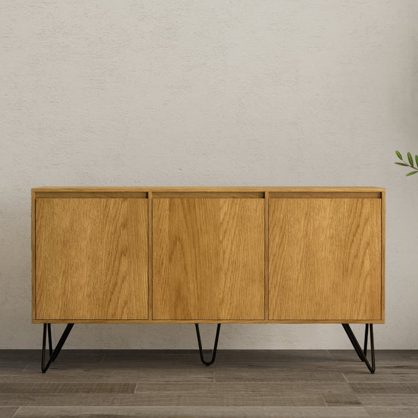 English Elm Hunter Oak Veneer Sideboard with Hairpin Legs for Modern Dining Room Storage B136P529277