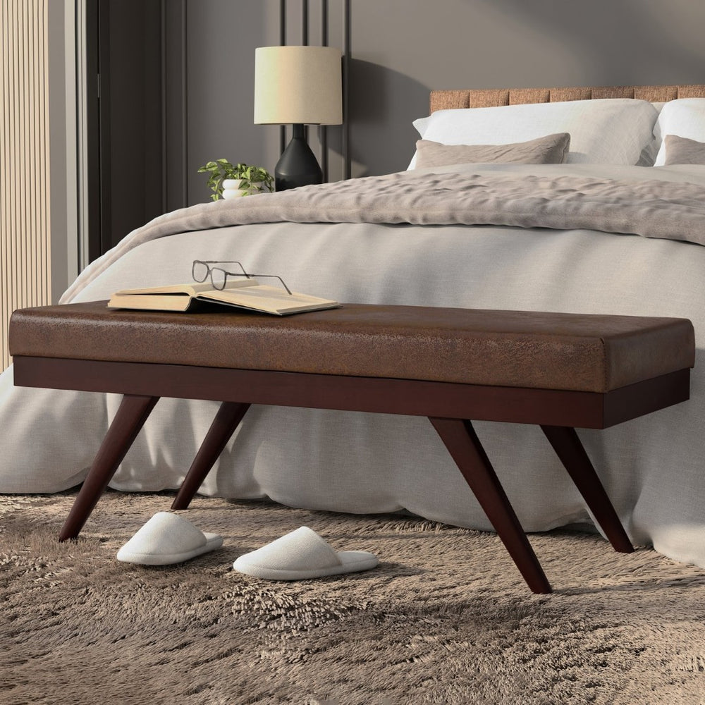 English Elm Chanelle Mid-century Bench Ottoman Vegan Leather Upholstered Rubberwood Legs Entryway B136P529279