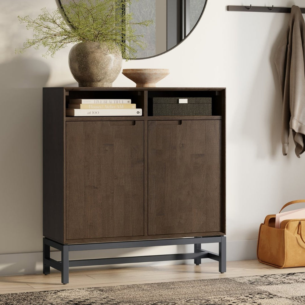 English Elm Banting Walnut Wood Entryway Cabinet with Open Cubbies and Graphite Metal Frame B136P529280