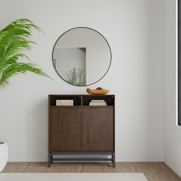 English Elm Banting Walnut Wood Entryway Cabinet with Open Cubbies and Graphite Metal Frame B136P529280