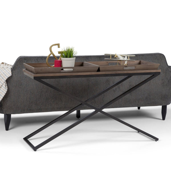 English Elm Damien Elm Wood Entryway Console Table with X-base and Removable Storage Trays B136P529282