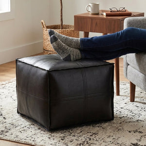 English Elm Brody Faux Leather Square Pouf with Top Stitching Rustic Footrest for Living Rooms B136P541108