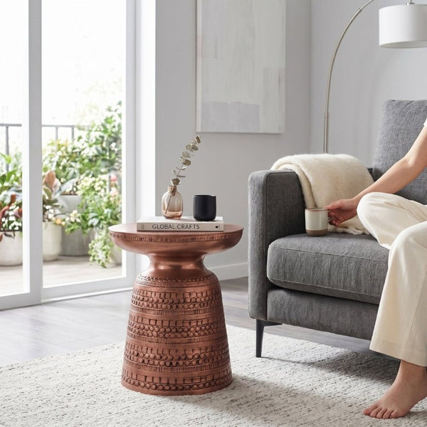 English Elm Toby Embossed Tribal Metal Bell Side Table Antique Copper Accent for Eclectic Rooms B136P565526