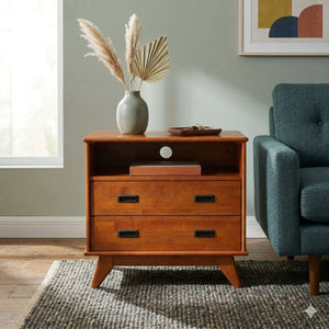 English Elm Draper Mid-Century Teak Brown Nightstand with Two Drawers and Open Cord Shelf B136P565528
