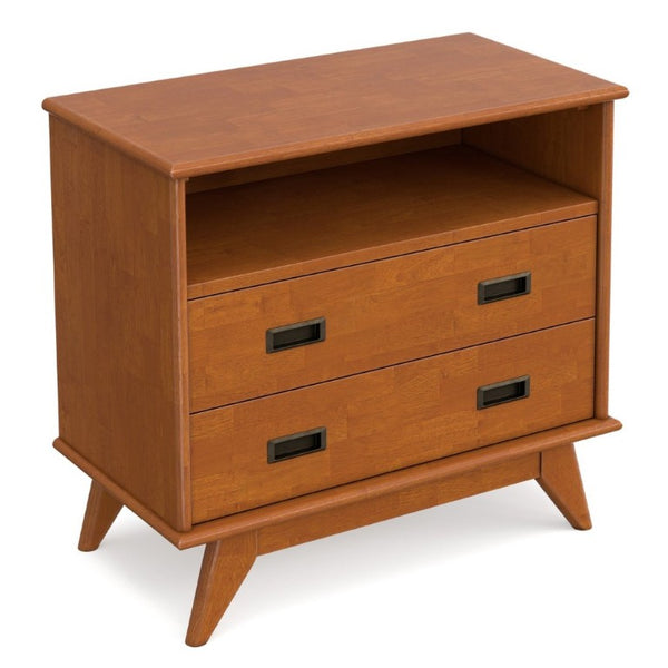 English Elm Draper Mid-Century Teak Brown Nightstand with Two Drawers and Open Cord Shelf B136P565528