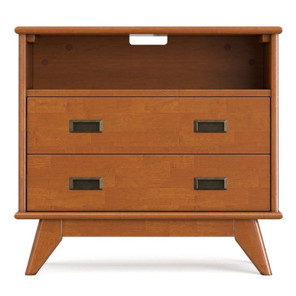 English Elm Draper Mid-Century Teak Brown Nightstand with Two Drawers and Open Cord Shelf B136P565528