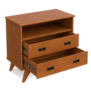 English Elm Draper Mid-Century Teak Brown Nightstand with Two Drawers and Open Cord Shelf B136P565528