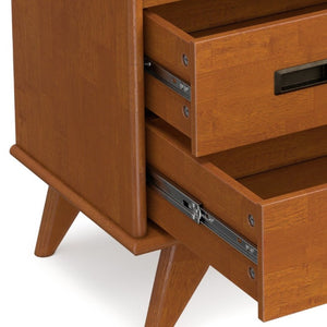 English Elm Draper Mid-Century Teak Brown Nightstand with Two Drawers and Open Cord Shelf B136P565528