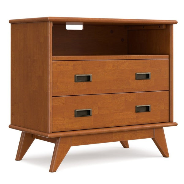 English Elm Draper Mid-Century Teak Brown Nightstand with Two Drawers and Open Cord Shelf B136P565528