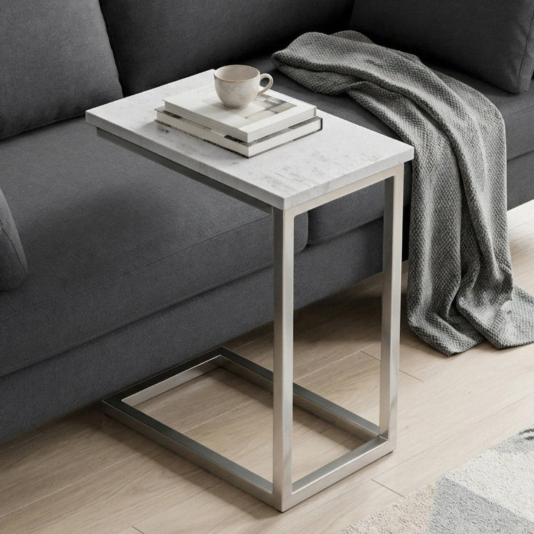 English Elm Skyler Genuine Marble Top C-Shape Side Table with Silver Metal Base for Modern Spaces B136P580873