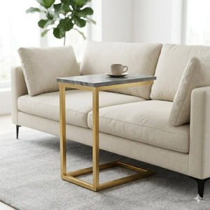 English Elm Skyler Genuine Marble Top C Shape Side Table with Gold Metal Base for Sofa or Bed B136P580874
