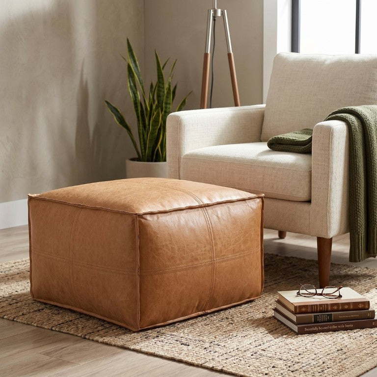 English Elm Brody Square Vegan Leather Pouf Hand Stitched Accent for Living Room or Bedroom B136P580875