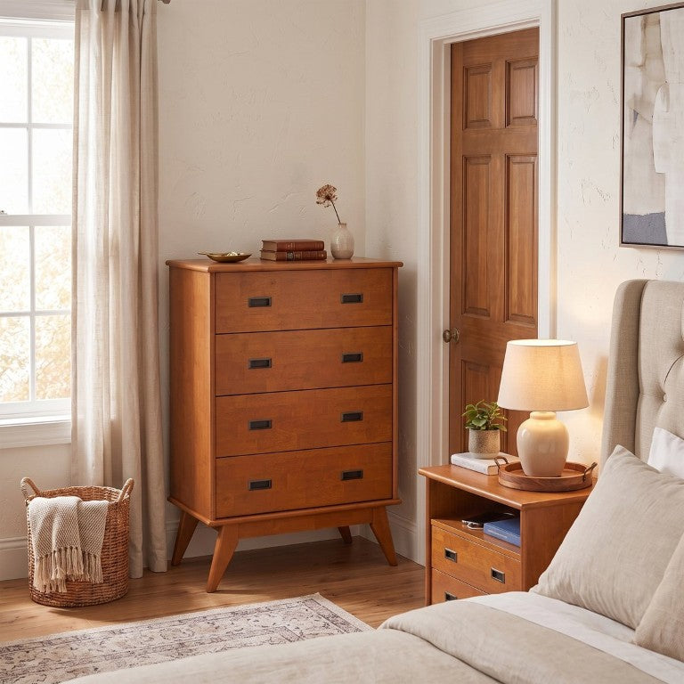 English Elm Draper Mid-Century 4 Drawer Dresser Rubberwood Teak Finish Tapered Legs Bedroom B136P588374