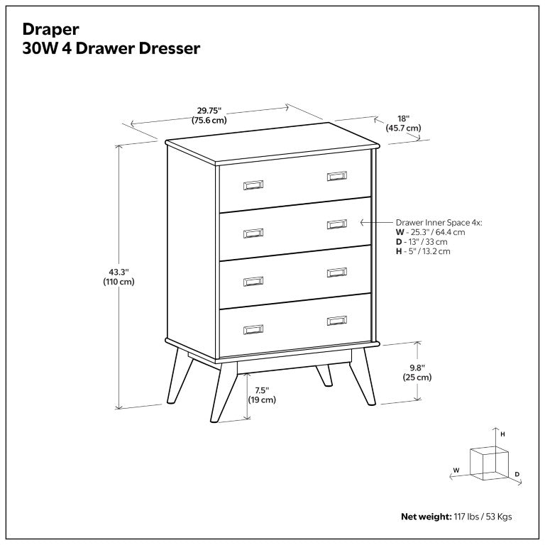 English Elm Draper Mid-Century 4 Drawer Dresser Rubberwood Teak Finish Tapered Legs Bedroom B136P588374