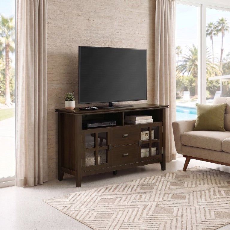 English Elm Artisan 48 Inch Wood TV Stand with Glass Cabinet Doors Drawers and Media Cubbies B136P588375
