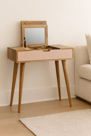 English Elm Solid Mango Wood Compact Vanity with Foldable Mirror Four Compartments Nordic Style B182P186208