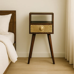 English Elm Solid Mango Wood Nightstand with Brass Drawer Detail Open Shelf and Nordic Legs B182P186229