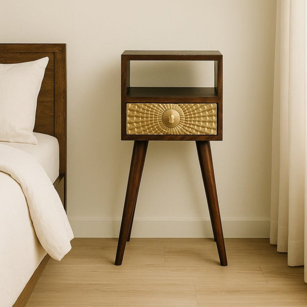 English Elm Solid Mango Wood Nightstand with Brass Drawer Detail Open Shelf and Nordic Legs B182P186229