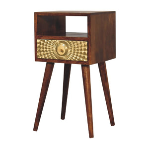 English Elm Solid Mango Wood Nightstand with Brass Drawer Detail Open Shelf and Nordic Legs B182P186229