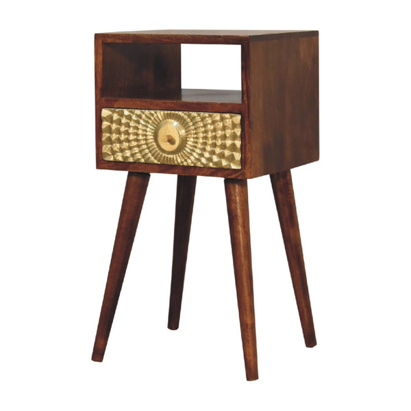 English Elm Solid Mango Wood Nightstand with Brass Drawer Detail Open Shelf and Nordic Legs B182P186229