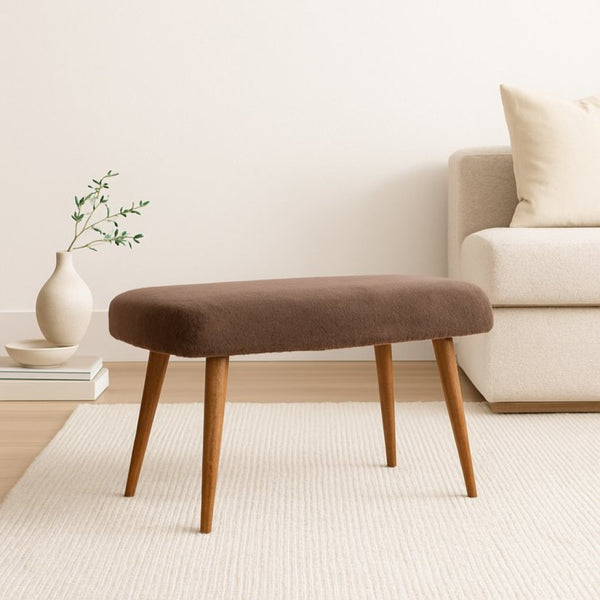 English Elm Solid Mango Wood Bench with Plush Faux Fur Seat and Oak Tone Nordic Legs for Bedroom B182P186249