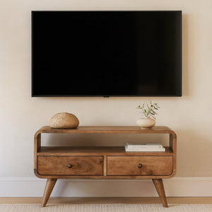 English Elm Solid Mango Wood Media Console with Drawers Open Shelf Scandinavian Tapered Legs B182P186270