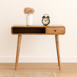 English Elm Solid Mango Wood Writing Desk with Brass Knob Drawer and Nordic Tapered Legs B182P186293