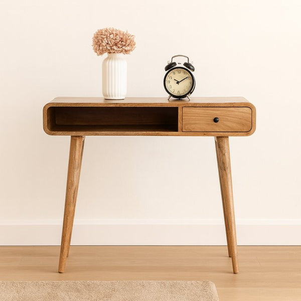 English Elm Solid Mango Wood Writing Desk with Brass Knob Drawer and Nordic Tapered Legs B182P186293