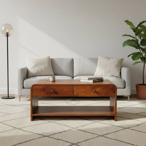 English Elm Solid Mango Wood Slim Coffee Table with Four Drawers for Organized Living Rooms B182P249395