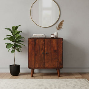 English Elm Solid Mango Wood Two Door Cabinet with Nordic Legs Chestnut Finish Compact Storage B182P257625
