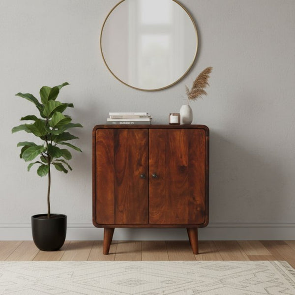 English Elm Solid Mango Wood Two Door Cabinet with Nordic Legs Chestnut Finish Compact Storage B182P257625