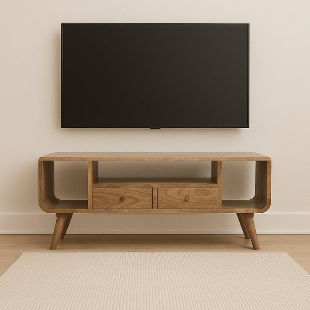 English Elm Solid Mango Wood Media Console with Tapered Legs Two Drawers and Open Shelving B182P257631