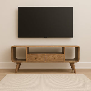 English Elm Solid Mango Wood Media Console with Tapered Legs Two Drawers and Open Shelving B182P257631