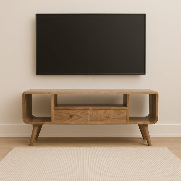 English Elm Solid Mango Wood Media Console with Tapered Legs Two Drawers and Open Shelving B182P257631