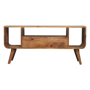 English Elm Solid Mango Wood Media Console with Tapered Legs Two Drawers and Open Shelving B182P257631