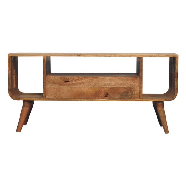English Elm Solid Mango Wood Media Console with Tapered Legs Two Drawers and Open Shelving B182P257631