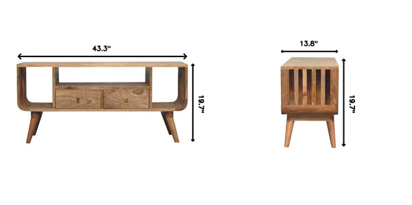 English Elm Solid Mango Wood Media Console with Tapered Legs Two Drawers and Open Shelving B182P257631