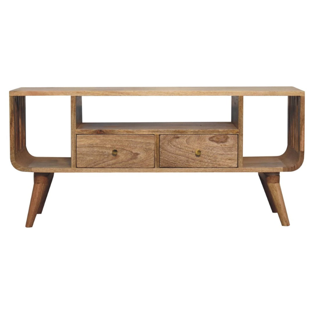 English Elm Solid Mango Wood Media Console with Tapered Legs Two Drawers and Open Shelving B182P257631